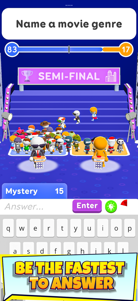 Una ronda semifinal en el juego móvil de trivia Adivina Su Respuesta preguntando el nombre de un género de película.