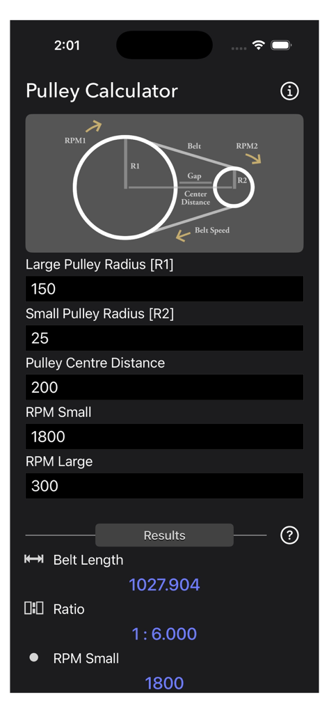 Pulley Calculator app interface showing belt length and RPM results