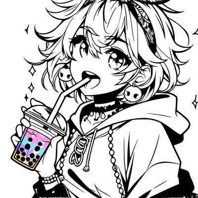 hot baddie anime girl drinking boba and biting the straw