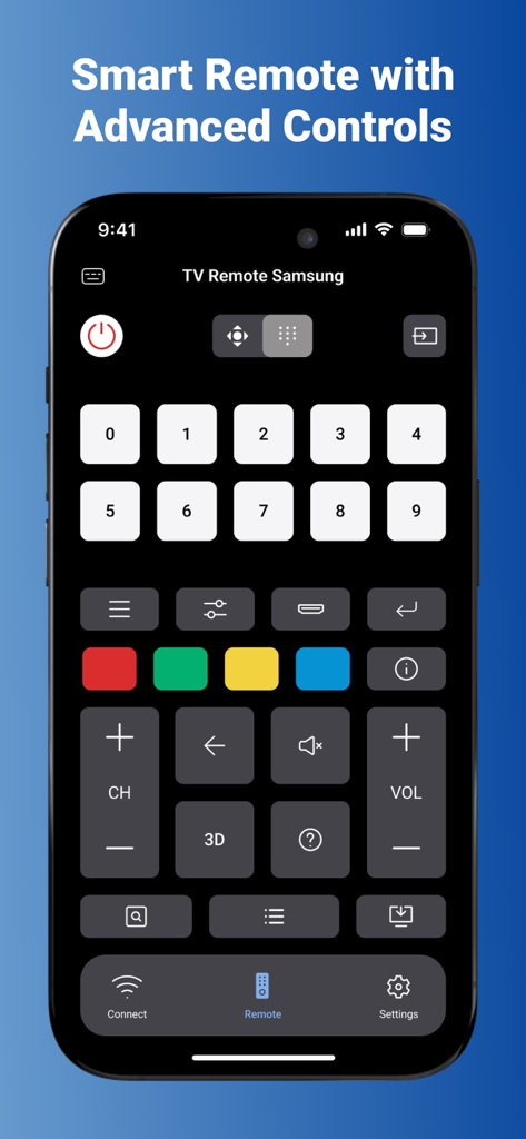 Interfaz de aplicación de control remoto de Smart TV con teclado numérico y botones de control avanzados en una pantalla de smartphone.