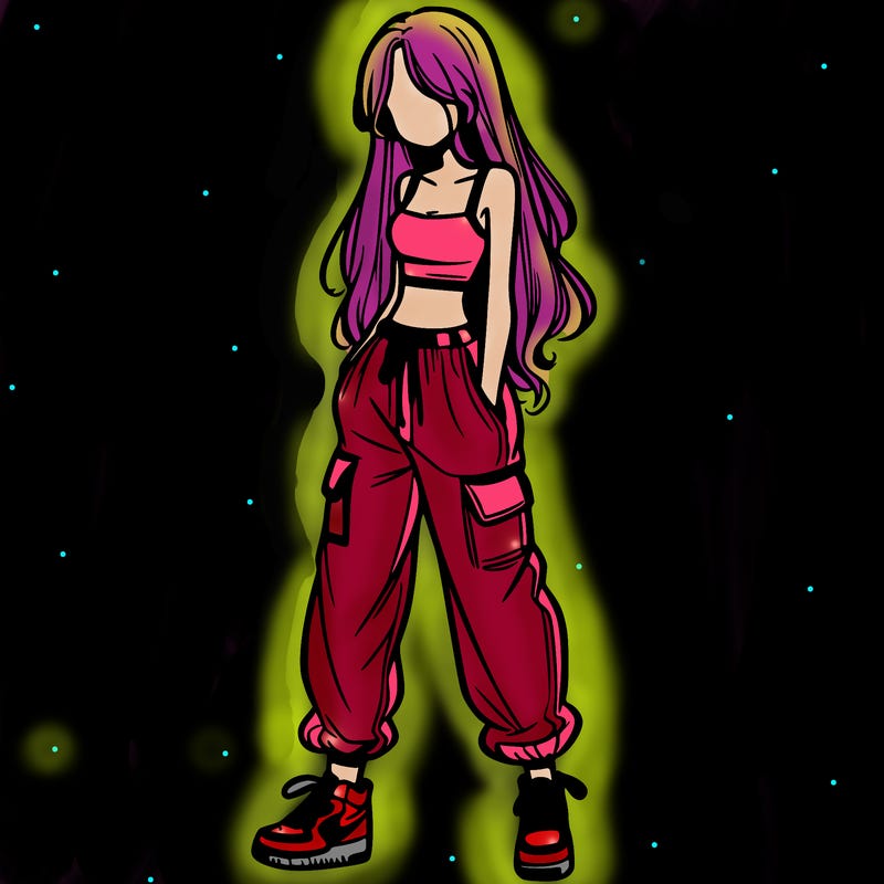 girl in baggy pants crop top and long hair