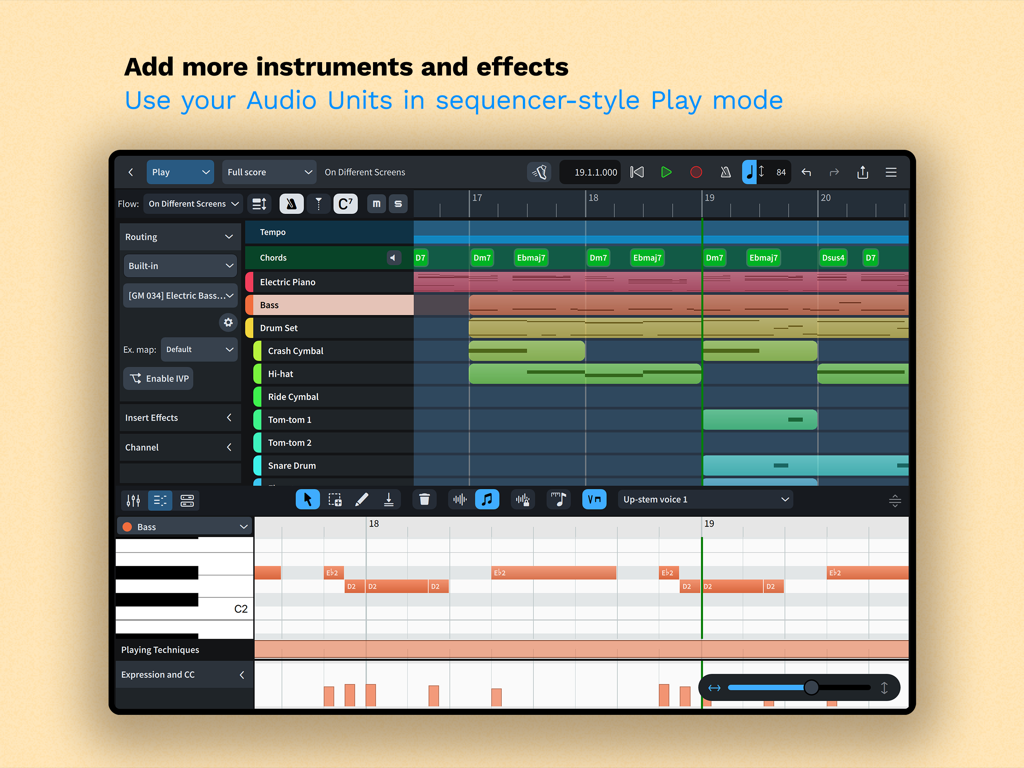Application Dorico for Education montrant le mode de lecture de style séquenceur avec des pistes d'instruments et un éditeur de rouleau de piano sur iPad.