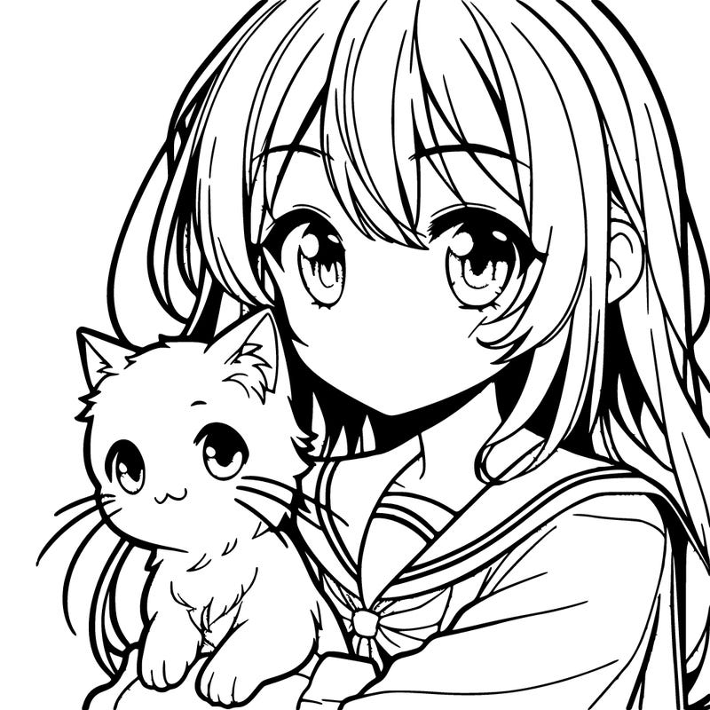 a manga girl holding a cat