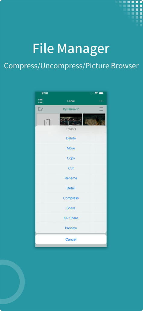 zFuse - Video Player - zFuse app file manager interface showing file compression and management options