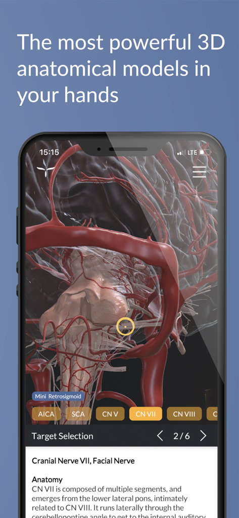 UpSurgeOn Neurosurgery - Detailed 3D anatomical model of cranial nerves on the UpSurgeOn app screen