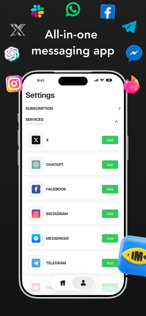 Screenshot of IM plus app showing settings to add various social media and messaging accounts