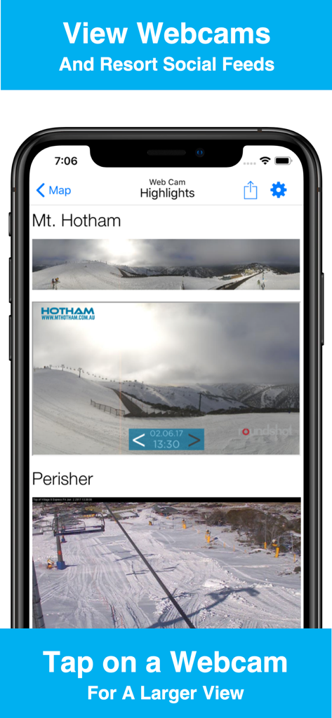 Australia Snow Map & Webcams - App interface displaying live webcam feeds for Mt Hotham and Perisher ski resorts
