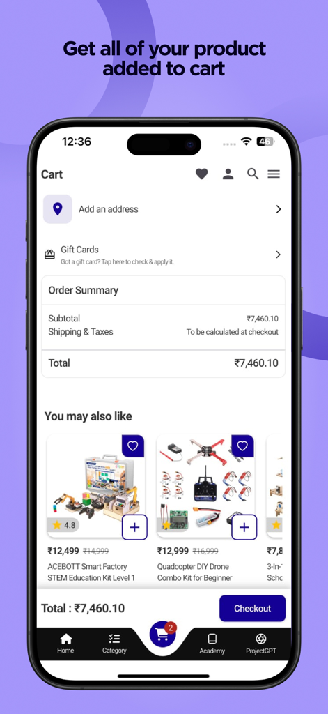 Robocraze - Robocraze app checkout screen showing the shopping cart with STEM kits and order summary.