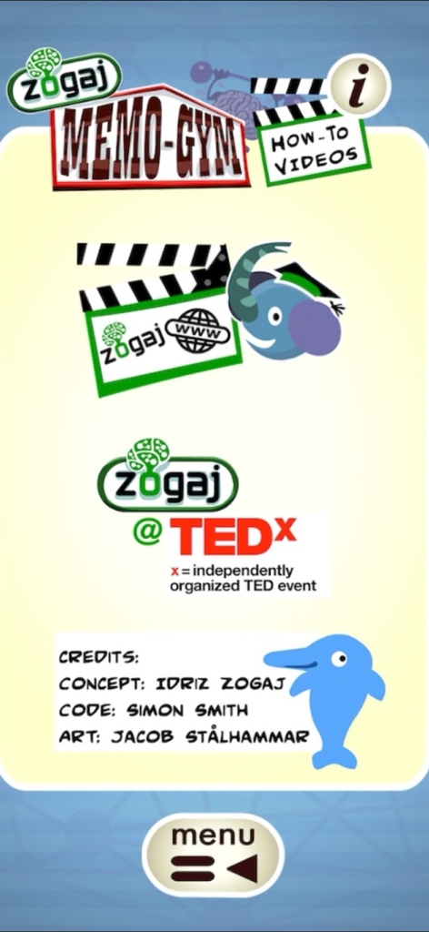 Zogaj Memo Gym - Credits screen for Zogaj Memo Gym app showing creator Idriz Zogaj and a mention of his TEDx talk.