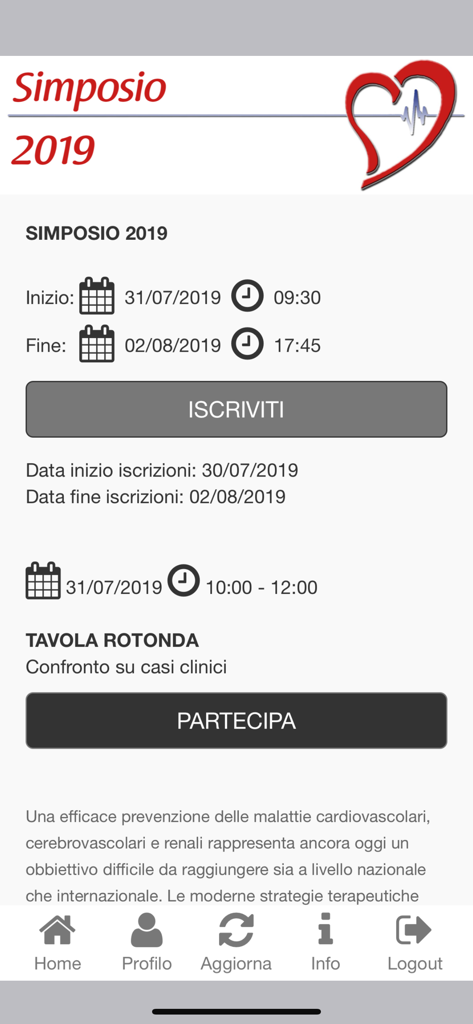 Deep ECM app interface displaying registration details and session schedule for a medical symposium event.