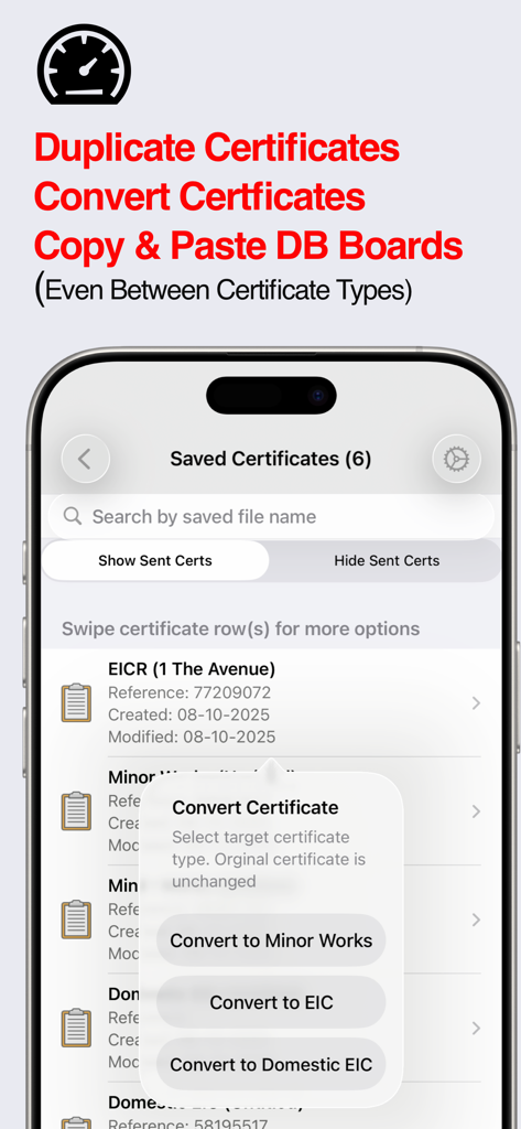 Un iPhone affichant le menu de l'application iCertifi pour convertir des certificats électriques entre différents types de rapports