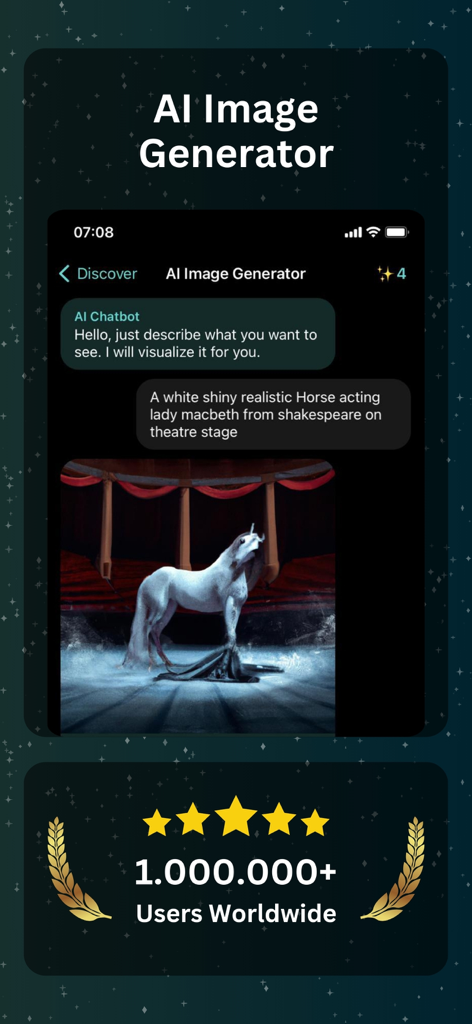 Lena: AI Chatbot Assistant - Lena AI 챗봇 어시스턴트 앱 인터페이스가 텍스트 프롬프트에서 이미지를 생성하는 AI 이미지 생성기 기능을 보여주는 모습