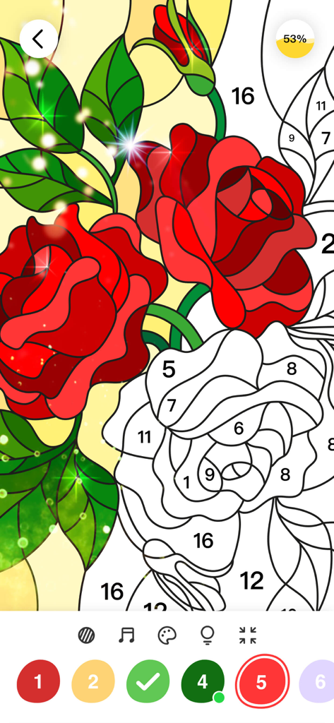 No.Paint - Coloring Games - No.Paint app interface showing a red rose illustration in a color by number game