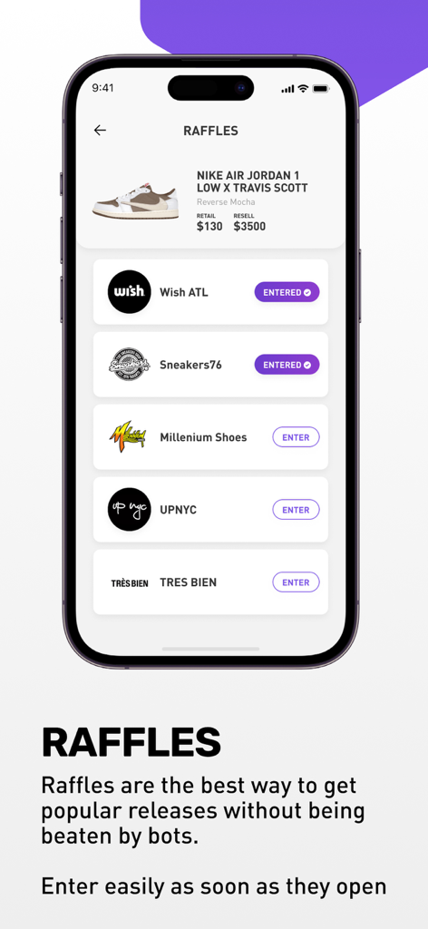 Sneaker Crush app interface showing raffle entries for a Nike Air Jordan 1 Low X Travis Scott with list of retailers