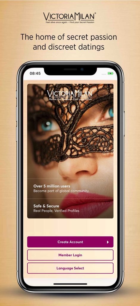 Victoria Milan - Casual Dating - Page d'accueil de l'application Victoria Milan avec une femme portant un masque en dentelle