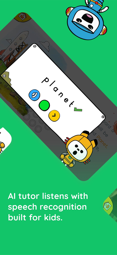 Interface of the Bookbot app showing a word card and an AI robot tutor illustrating speech recognition for kids reading phonics