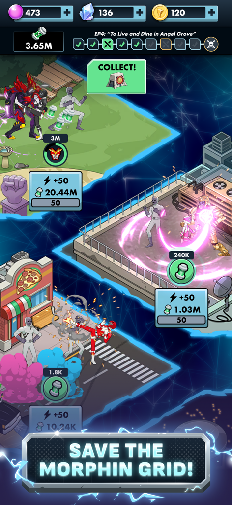 Power Rangers Mighty Force - Power Rangers luchando contra enemigos en varias ubicaciones de la ciudad para salvar la Red Morfa en un juego móvil inactivo.