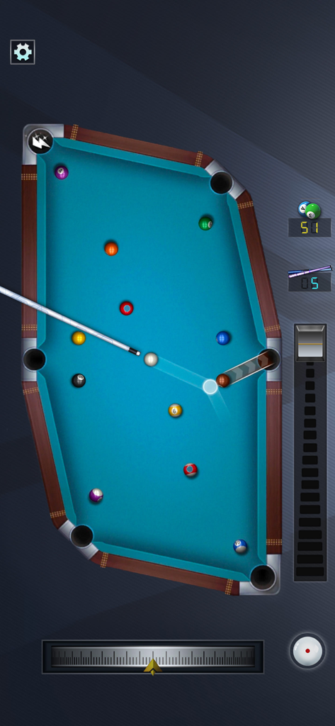 3D billiards gameplay showing aiming lines on a unique blue pool table
