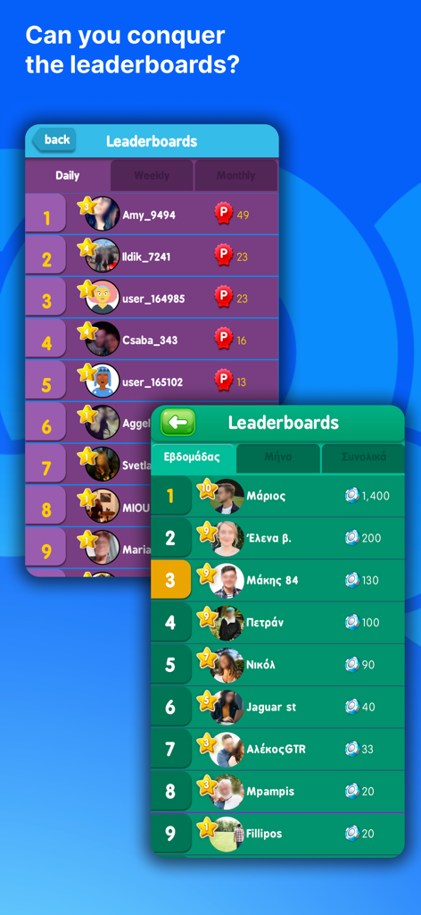 Tägliche und wöchentliche Ranglisten für Multiplayer-Spiele in der Zoo.gr griechischen Community-App