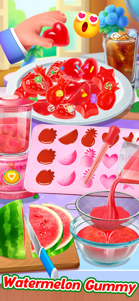 Candy Maker - Sweet Desserts - A vibrant interface showing the process of making watermelon jelly gummy candies with virtual kitchen tools
