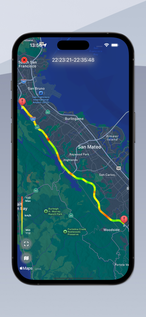 Speedometer GPS & Compass - Pantalla de iPhone mostrando la aplicación Velocímetro GPS con una ruta de viaje codificada por colores en un mapa en vivo del Área de la Bahía de San Francisco