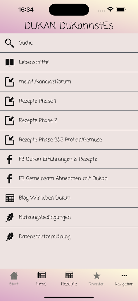 The main menu screen of the Dukan DuKannstEs mobile app featuring diet recipes and community forum links