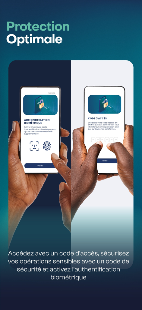 BNI - Fonctionnalités de sécurité de l'application bancaire mobile BNI Madagascar montrant l'authentification biométrique et la saisie du code d'accès