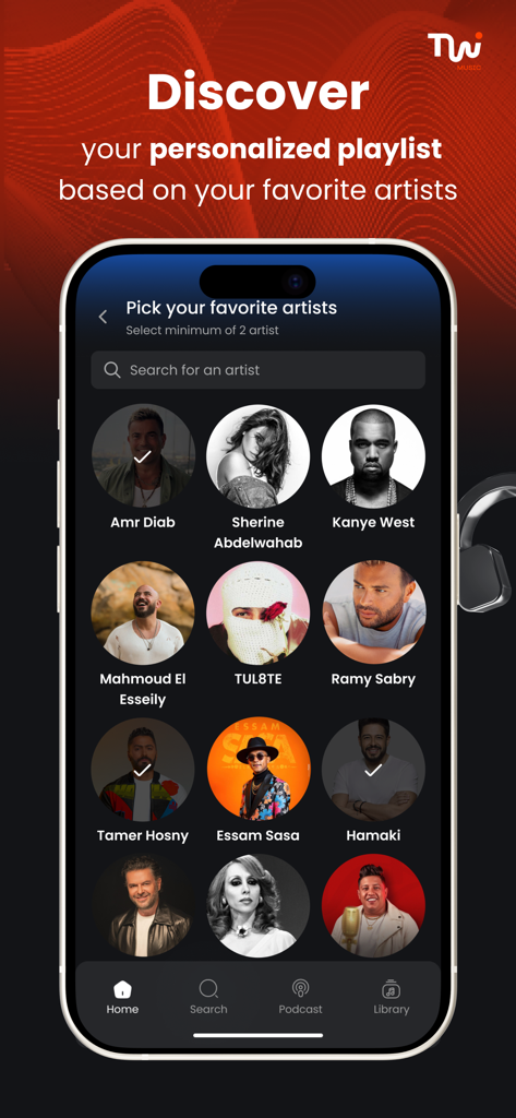 Twist Music, Podcast & Radio - A screen in the Twist Music app allowing users to pick their favorite Arabic and international artists for a personalized playlist.
