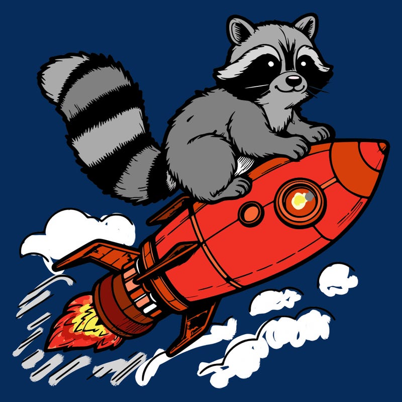 realistic raccoon flying on top rocket ship