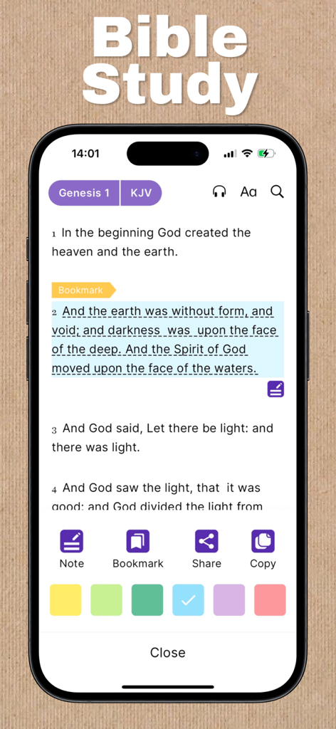 The Bible - KJV Bible & Verse - Interfaz de la aplicación KJV Bible mostrando Génesis 1 con un versículo resaltado y función de marcador