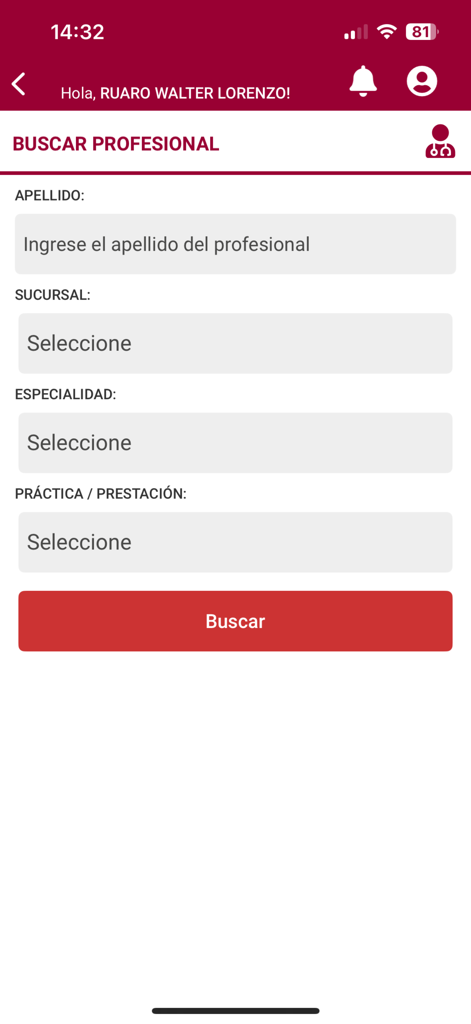 Mi Penta Virtual - Pantalla de búsqueda de profesionales médicos por especialidad y ubicación en la app Mi Penta Virtual.