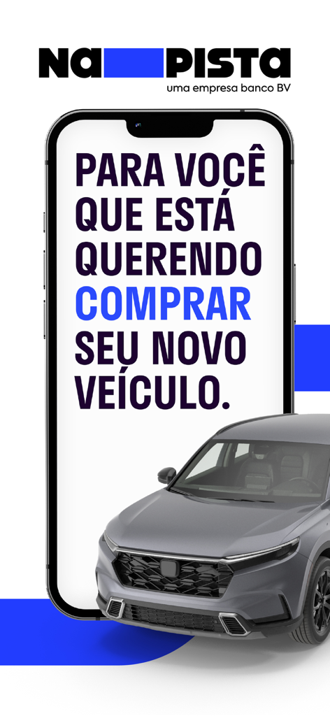 NaPista: comprar carros - Tela do aplicativo NaPista mostrando um SUV cinza e texto para pessoas que procuram comprar um veículo