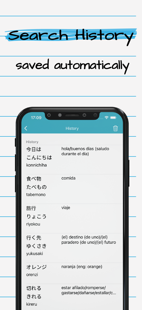 Japanese Spanish Dictionary + - Pantalla del historial de búsqueda del Diccionario Japonés Español mostrando traducciones guardadas automáticamente