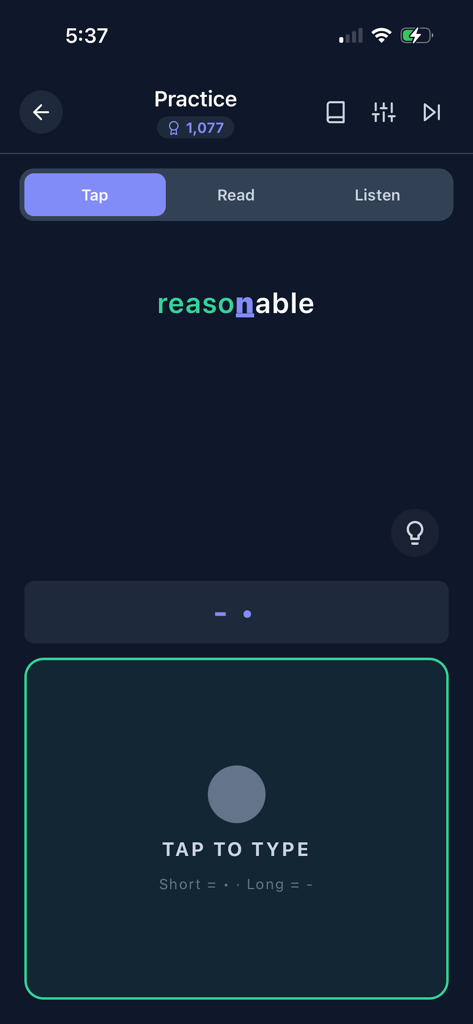 モールス解読アプリの練習画面。モールス信号学習のためのタップして入力インターフェースが表示されています。