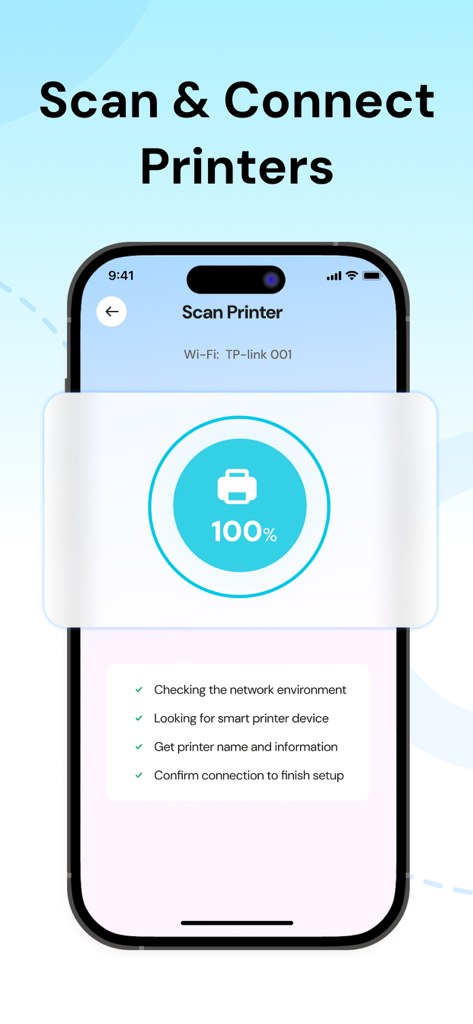 Smartphone interface displaying a 100 percent completed scan for smart printer devices on a home network