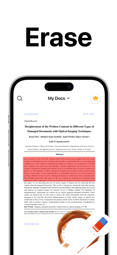 TapScanner mobile app interface showing the erase tool removing a coffee stain and text from a scanned document
