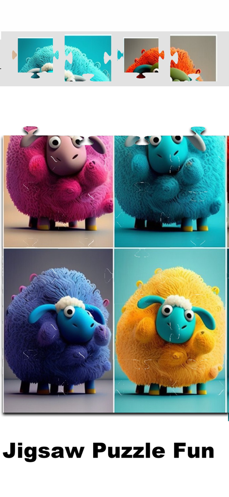 パズルラッシュアプリの、カラフルなふわふわの羊が登場するゲームプレイ画面。