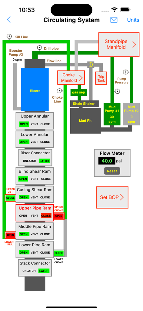 Drilling Simulator 3 - Circulating system schematic showing BOP stack and mud pumps in Drilling Simulator 3
