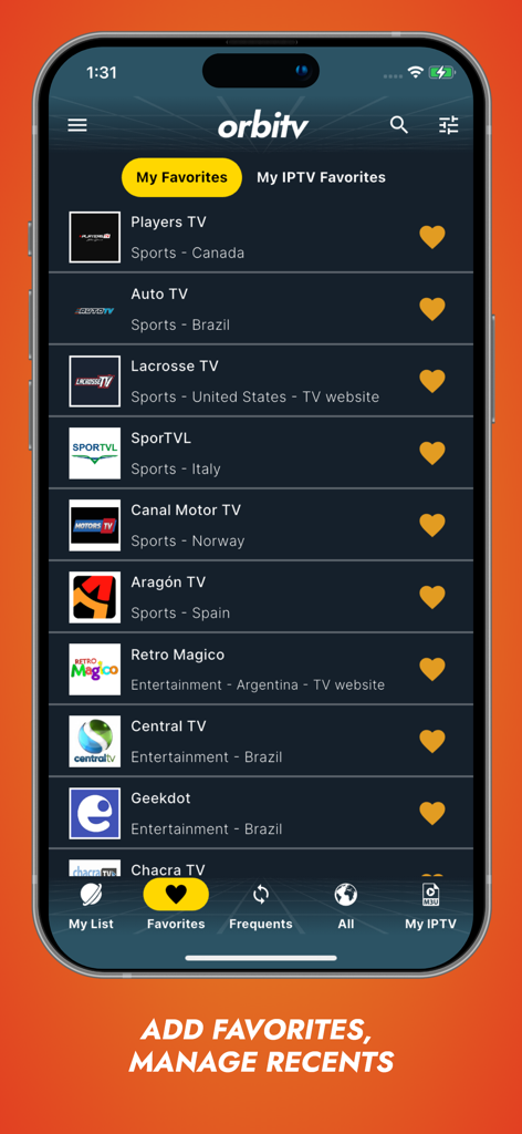 Orbitv: Live TV, IPTV Player - Orbitv app interface displaying a list of favorite international live TV channels.