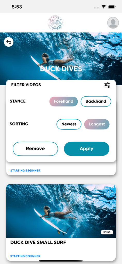 SurfersCompass app interface showing video filter options for duck dive surf training sessions