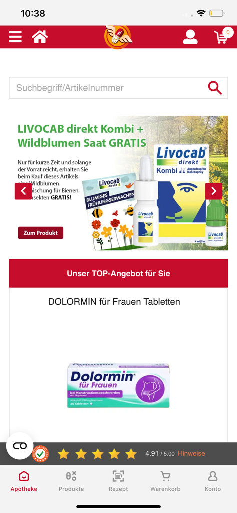 Fliegende-Pillen.de Apotheke - Startseite der Fliegende-Pillen.de Apotheken-App mit Angeboten für Gesundheitsprodukte und einer Suchleiste