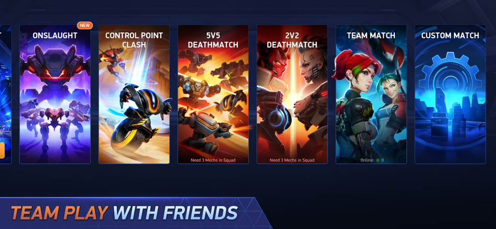 A menu showcasing various PvP game modes in Mech Arena including Deathmatch and Control Point Clash.