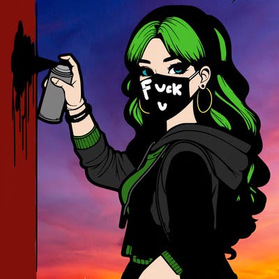 realistic girl with mask spray painting a wall