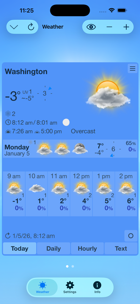 Previsioni meteo dettagliate per Washington nell'app ClassicWeather HD che mostrano temperatura e aggiornamenti orari