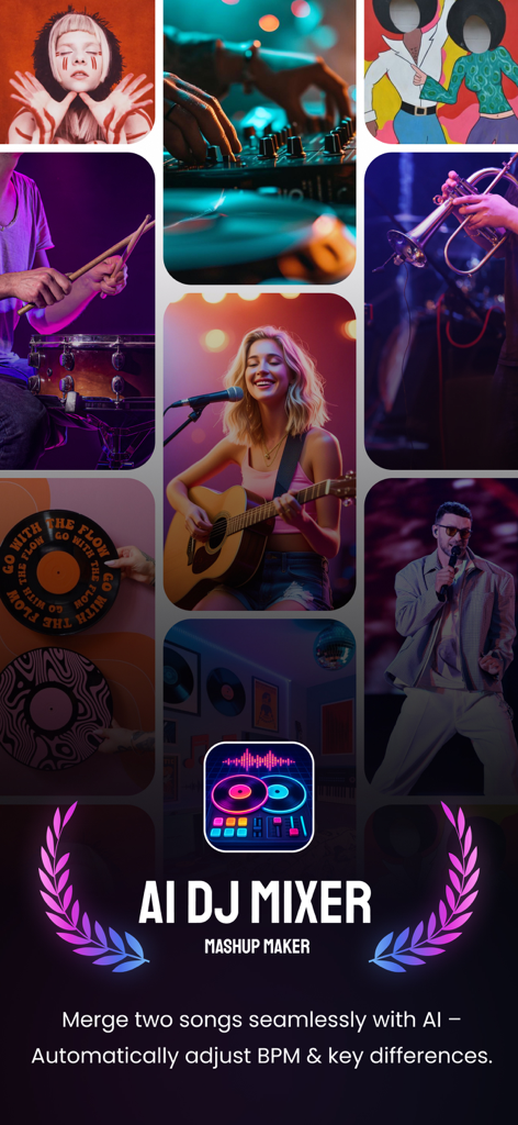 DJ Whisk AI - Make Mashup Song - AI DJ Mixer Mashup Maker app screen showing musicians and a DJ controller icon