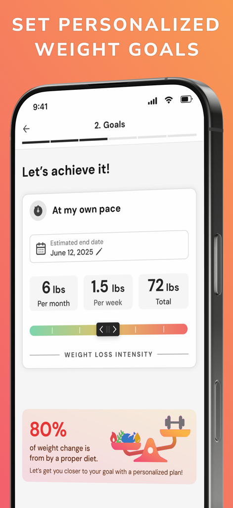 Calorie Tracker: Counter AI - A mobile app interface showing personalized weight loss goals with monthly and weekly targets and an estimated completion date