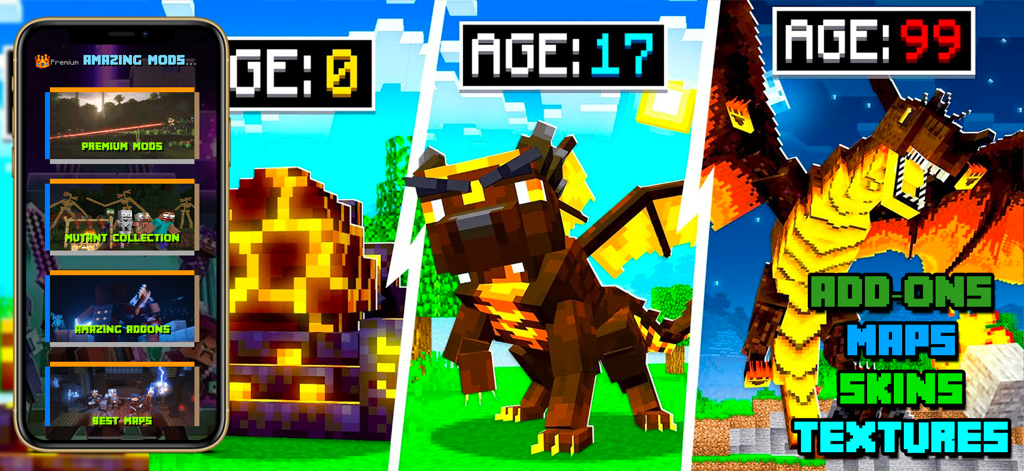 Smartphone mostrando la interfaz de la aplicación Epic Addons para Minecraft junto con evoluciones de dragones de Minecraft y texto de características para mapas y skins.