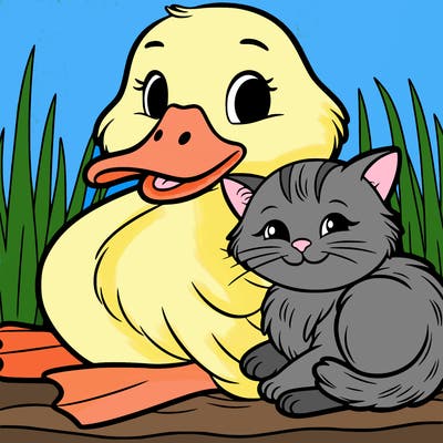 duck and cat snuggling