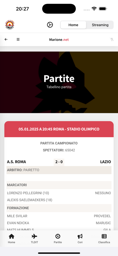 Te la do io Tokyo 2.0 - AS Roma versus Lazio match statistics and final score in the Te la do io Tokyo app