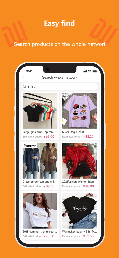 DM MALL mobile app interface showing a variety of fashion shirts with factory direct pricing in search results.